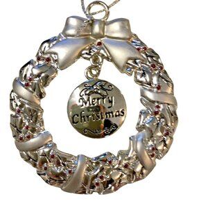 Ganz Pewter Wreath Ornament Engravable Red Stones Merry Christmas New Open Pkg